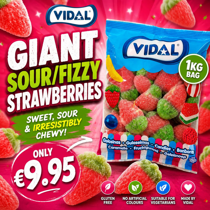 Vidal Giant Fizzy/Sour Strawberries 1kg Bag (Gluten Free)